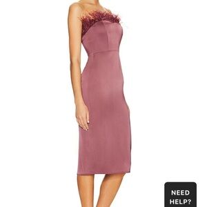 LPA S Aurora Strapless Ostrich Feather Trim Dress revolve midi satin 0797